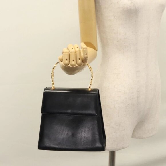 Salvatore Ferragamo Gancini Hand Bag Leather Black Auth 110245
